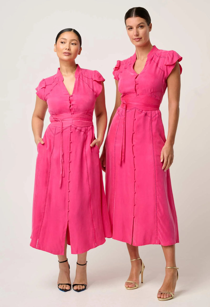 Athena Cupro Viscose Trim Detail Flutter Sleeve Dress | Celosia Pink