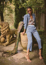 Aurora Reversible Placement Print Linen Viscose & Tencel Fringe Jacket | Petinos Floros/Blue Ash