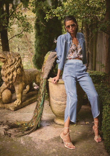 Aurora Reversible Placement Print Linen Viscose & Tencel Fringe Jacket | Petinos Floros/Blue Ash