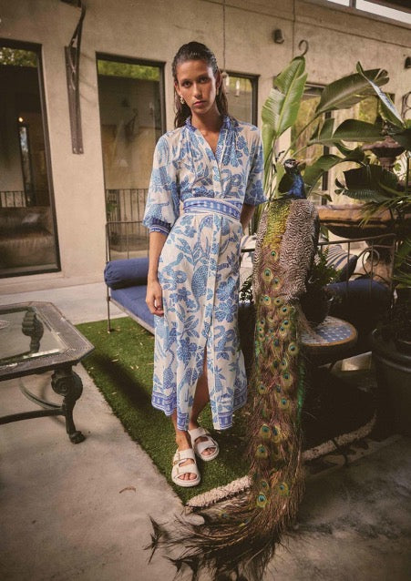 Carmen Silk Cotton Placement Print Maxi Dress | Azure Mosaic