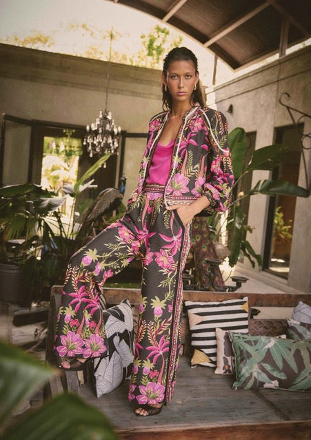 Arabella Reversible Placement Print Viscose Dobby Bind Detail Jacket | Ánthos Iótos/Black