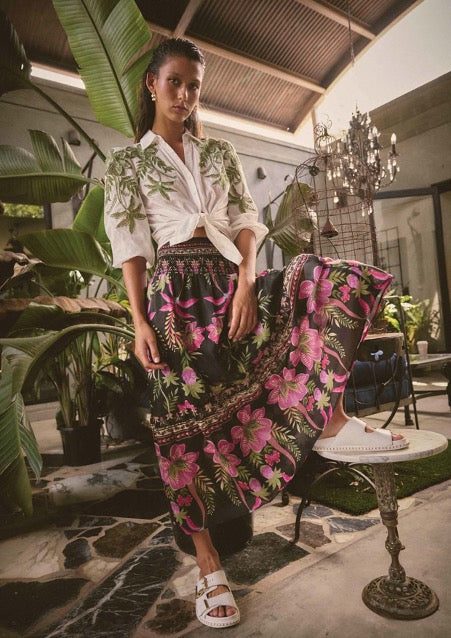 Cordelia Placement Print Shirred Waist Silk Cotton Skirt | Ánthos Iótos