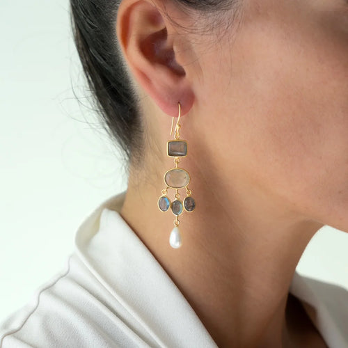 Purani earrings with Labradorite, Apatite & Pearl