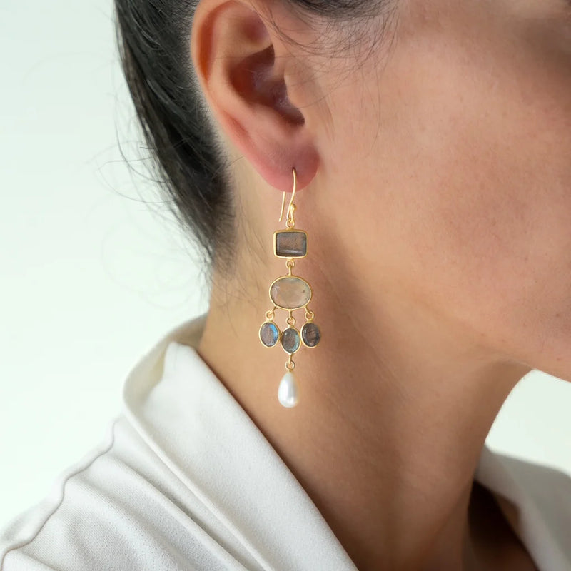 Purani earrings with Labradorite, Apatite & Pearl
