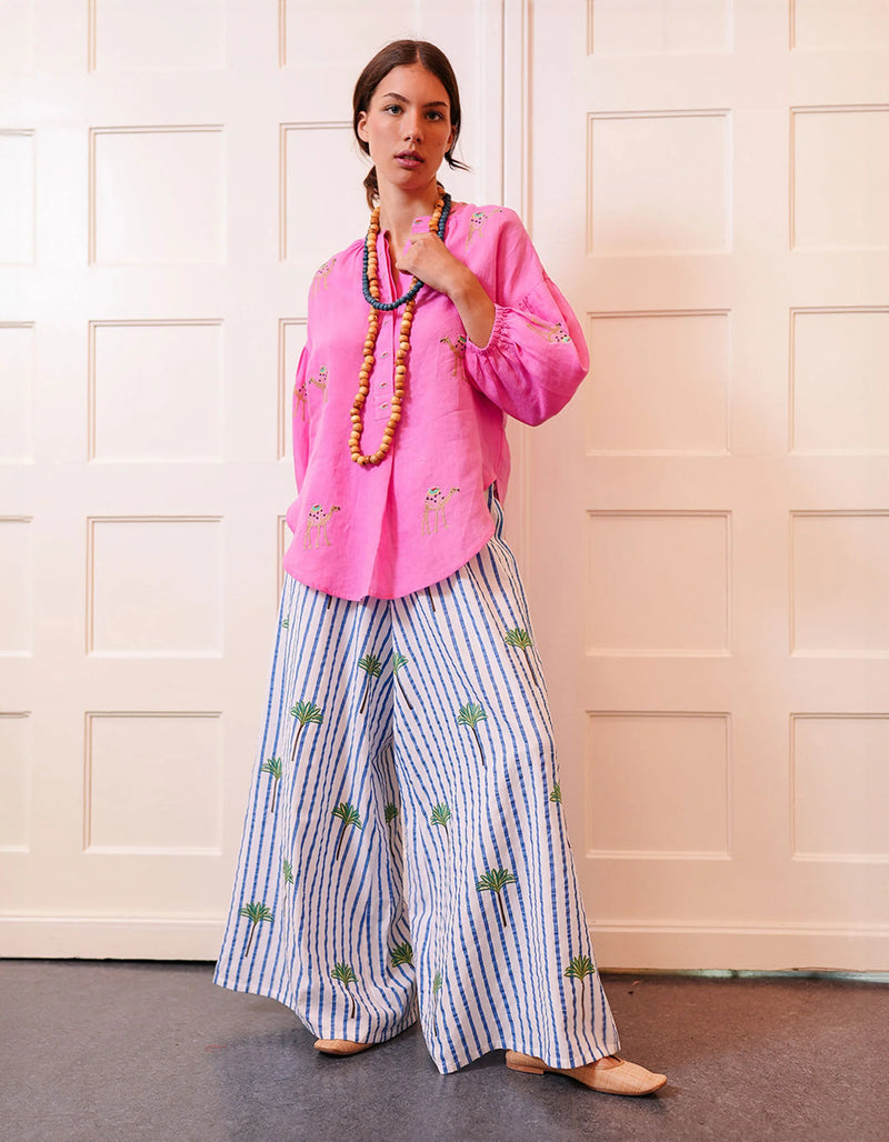 Sassafras Blouse | Camel Embroidery on Pink