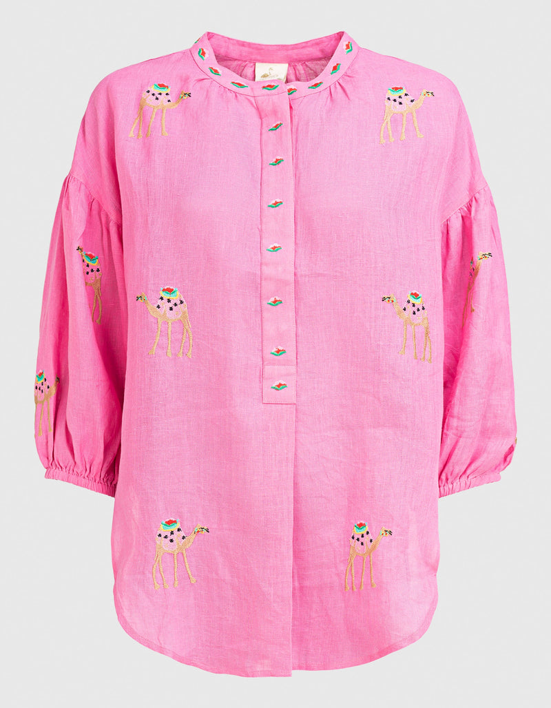 Sassafras Blouse | Camel Embroidery on Pink