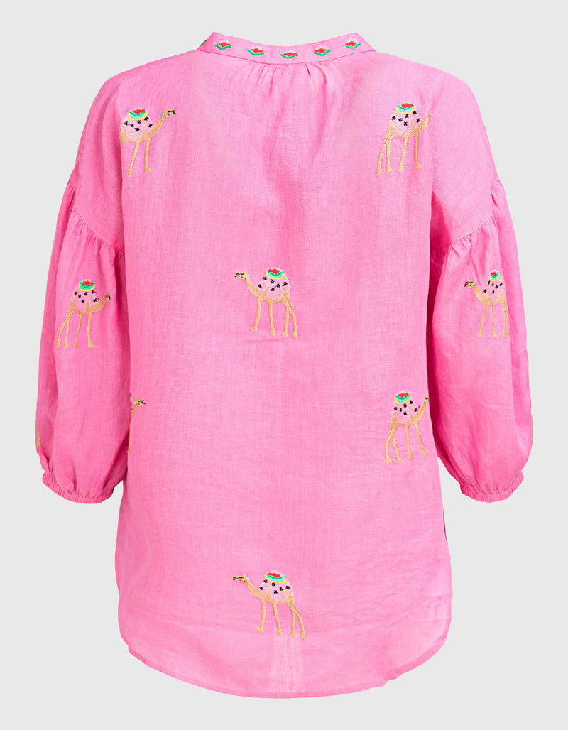 Sassafras Blouse | Camel Embroidery on Pink