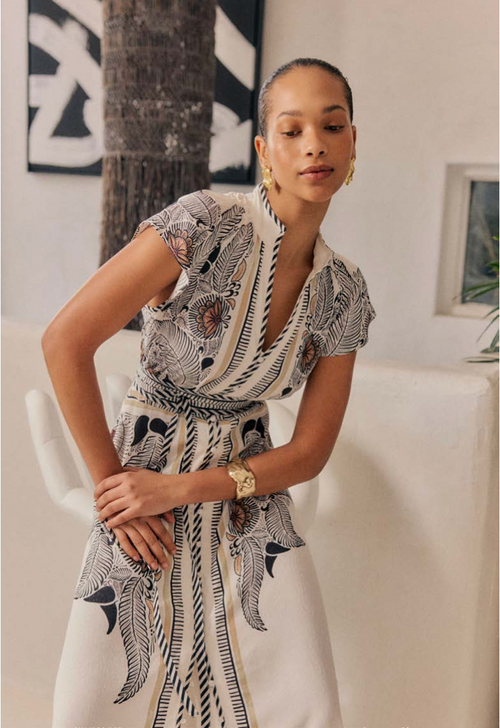 Malika Viscose Dobby Contrast Bind Flutter Sleeve Dress | Ivory Casablanca