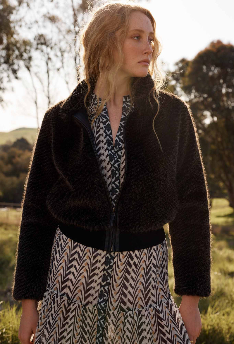 Stella Faux Fur Rib Collar Detail Bomber | Sable