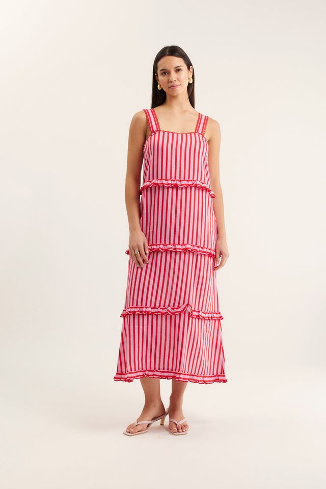 Clementine Bretton Linen Dress | Pink and Red