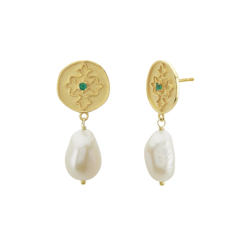 Green Onyx & Pearl Earrings | Gold