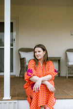 Fiesta Embroidered Orange Gingham Maxi Dress