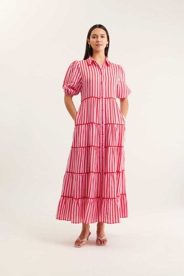 Marlow Bretton Linen Dress | Pink and Red