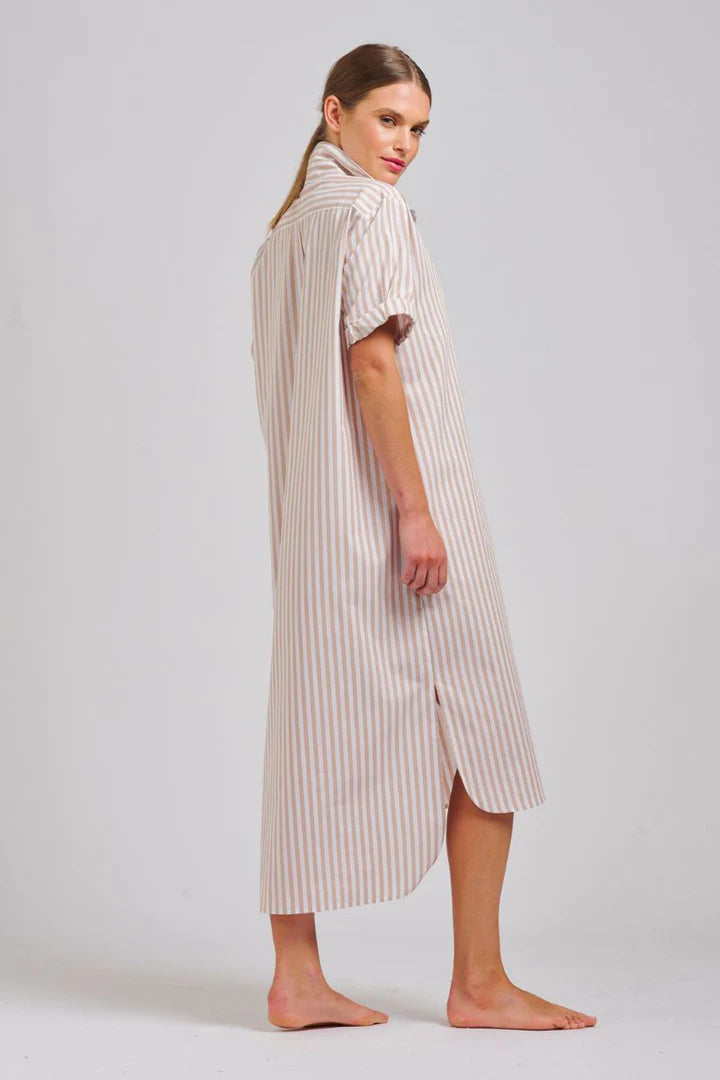 Annie Short Sleeve Shirt Dress | Stone/White Stripe