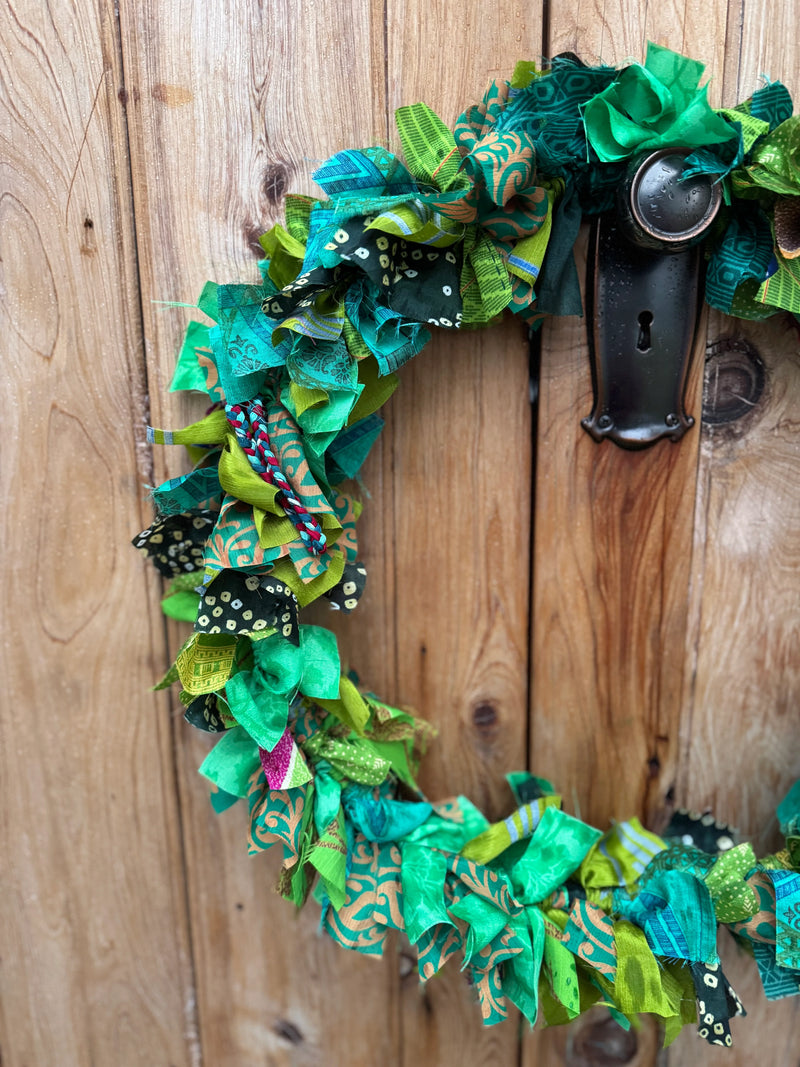 Vibrant Green Recycled Fabric Wreath