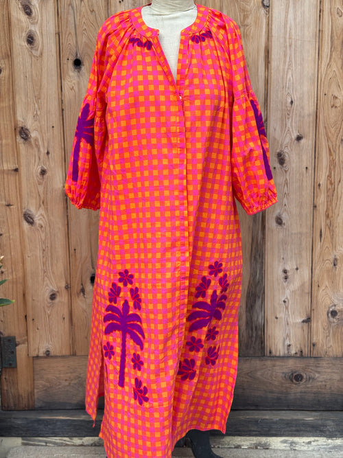 Fiesta Embroidered Orange Gingham Maxi Dress