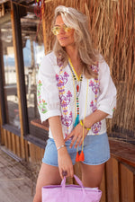 White Purple Embr Blouse / White