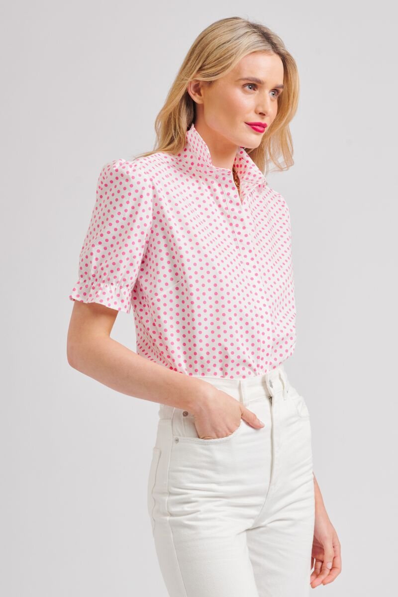 The Serena Short Sleeve Shirt | White/Pink Spot