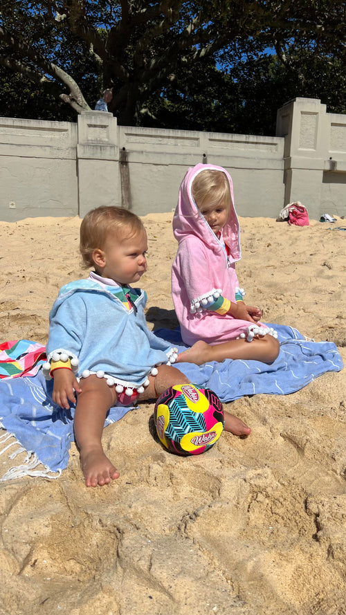Hooded Terry towelling beach cover with pom pom | Blue